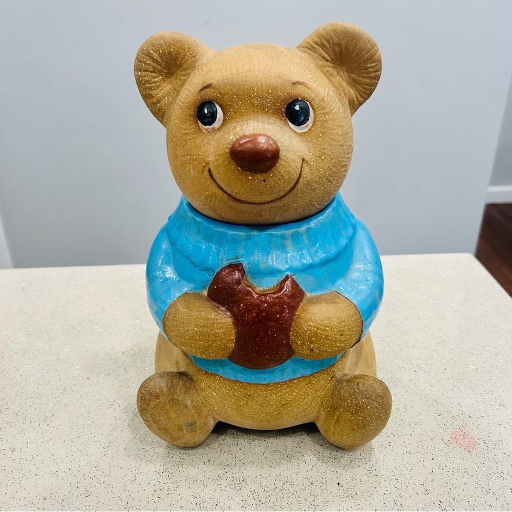 VTG~Metlox Pottery~Poppytail Line~ Blue Sweater‎ Teddy Bear Ceramic Cookie Jar